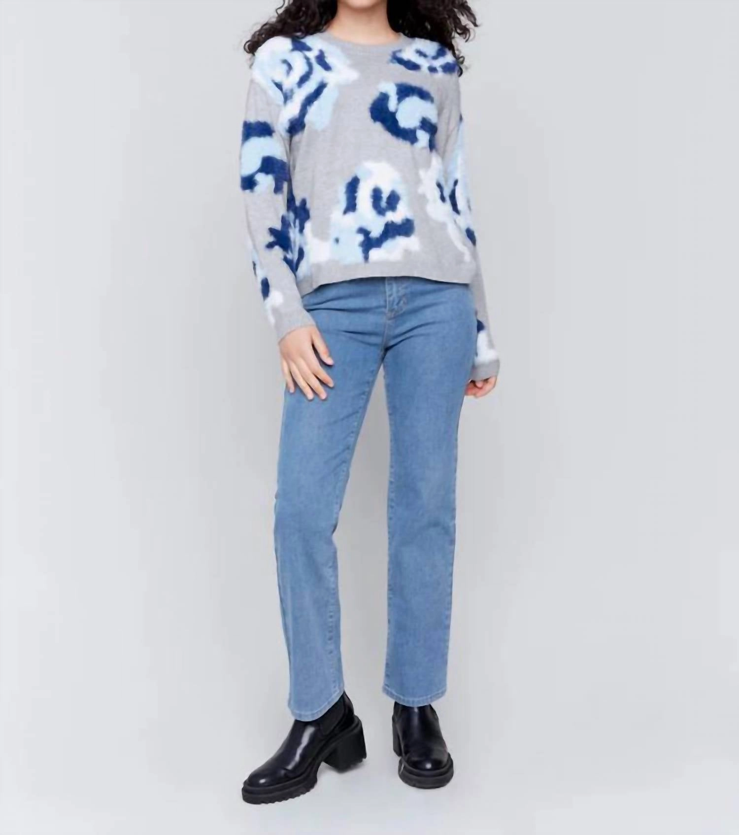 Fuzzy Floral Jacquard Sweater In Grey