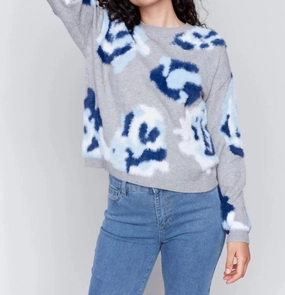 Fuzzy Floral Jacquard Sweater In Grey Tops Womens - embroidered tops sale