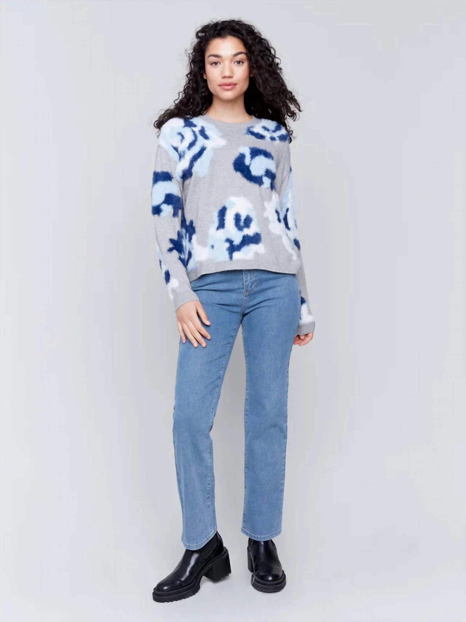 Fuzzy Floral Jacquard Sweater In Grey