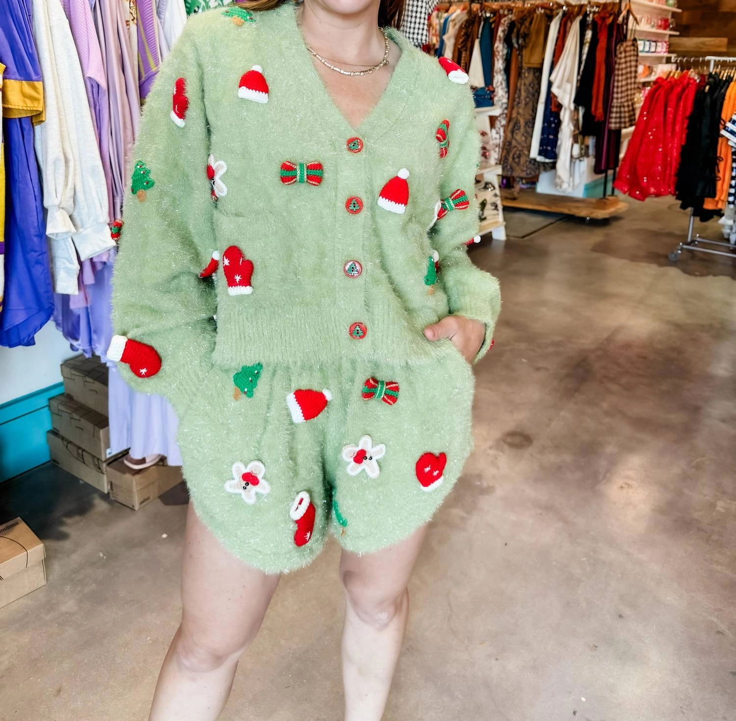 Fuzzy Knit Christmas Icon Cardigan In Green