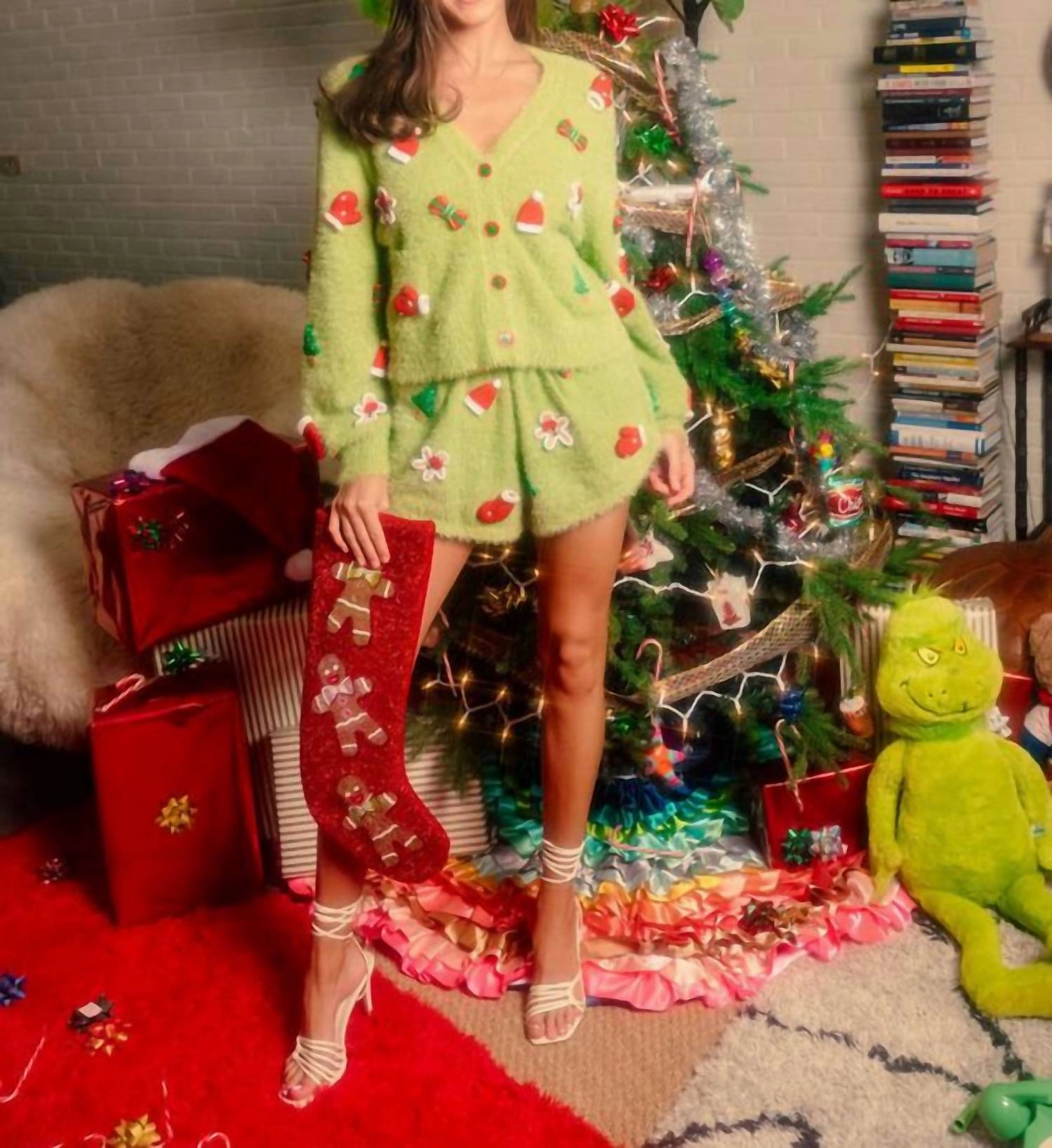 Fuzzy Knit Christmas Icon Cardigan In Green Tops Womens - camisoles best price