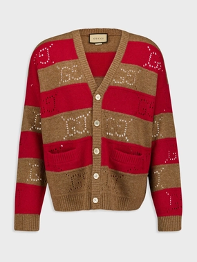 GG-Perforated Striped Wool Cardigan Knitwear Mens - men's sweaters sale