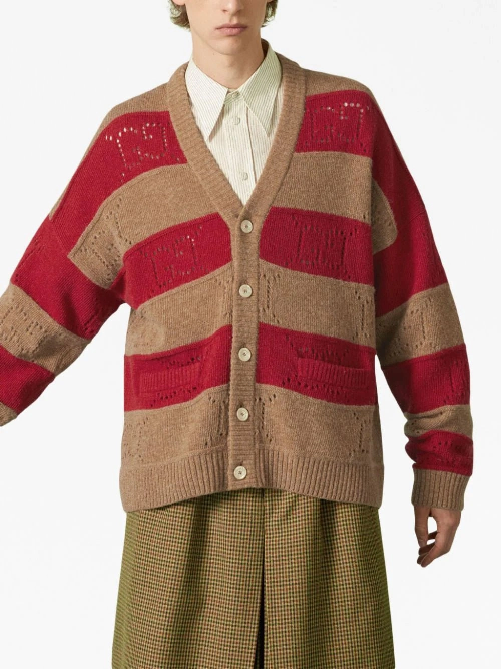 GG-Perforated Striped Wool Cardigan