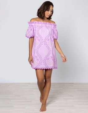 Ginko Print Off Shoulder Mini Dress with Ric-Rac - Violet and Peach Swim Womens - bikinis clearance