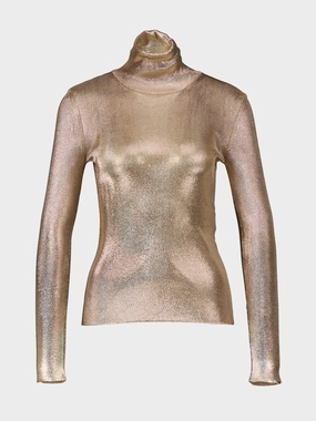 Gold Wet Look Viscose Knit Turtleneck Knitwear Womens - women's knitwear cheap