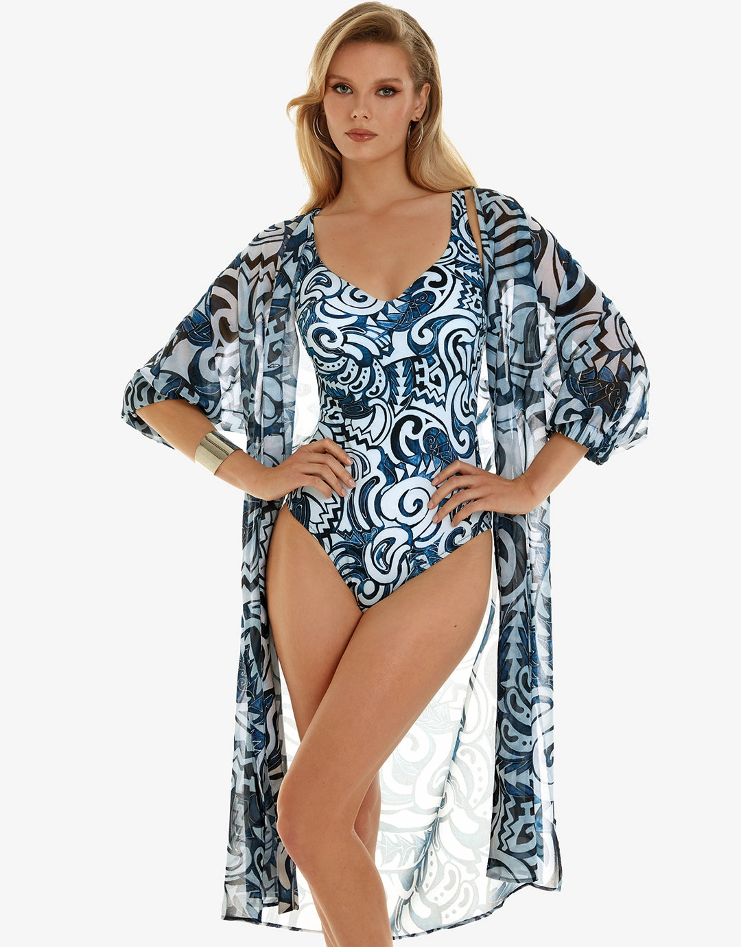 Graffiti Midi Length Beach Shirt - Blue and White Swim Womens - monokinis best price