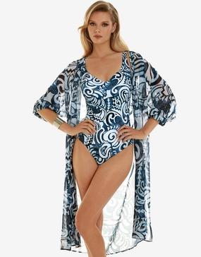 Graffiti Midi Length Beach Shirt - Blue and White Swim Womens - monokinis best price