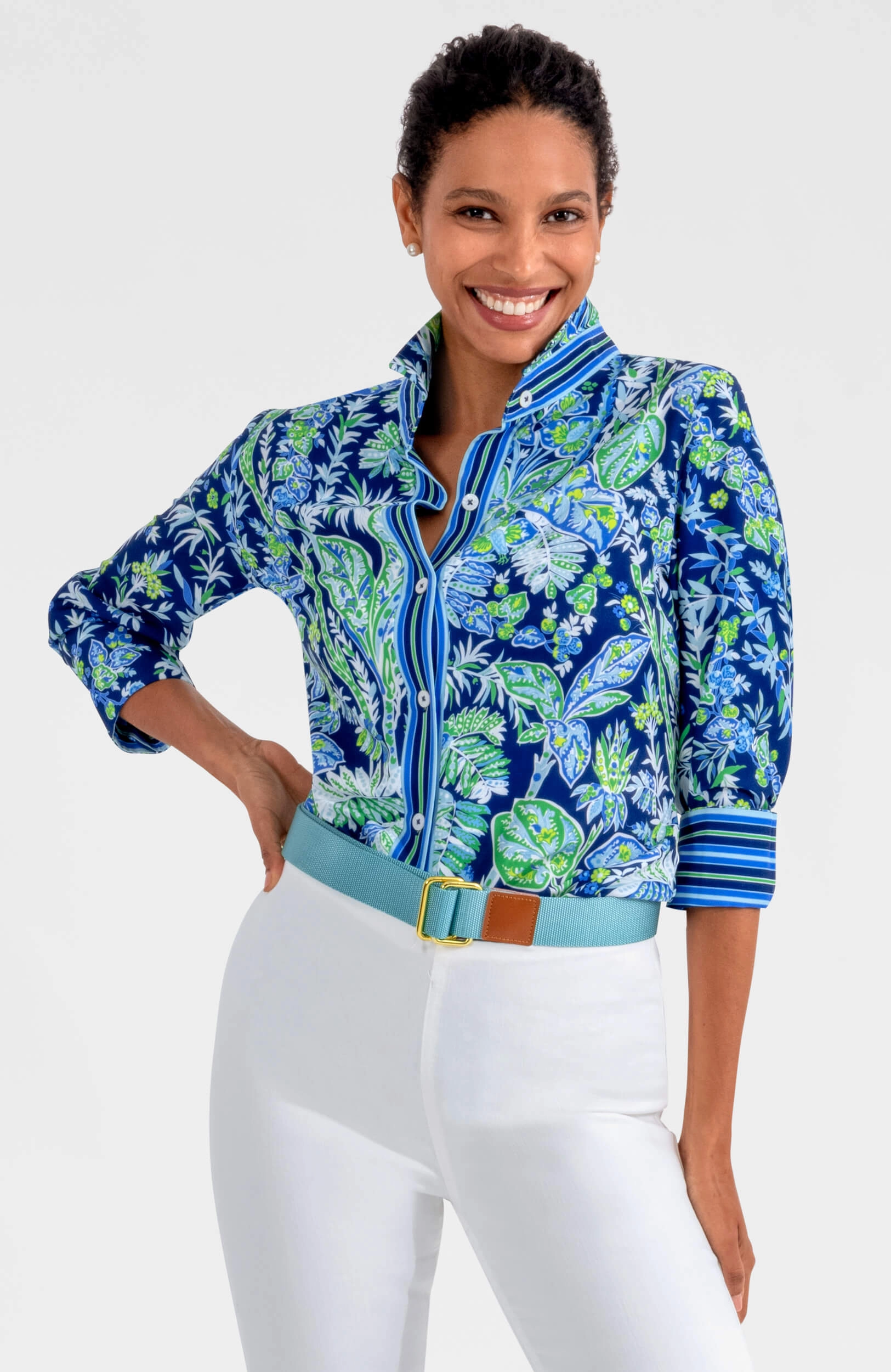Gretchen Scott Boyfriend Shirt - Vintage Vines Navy womens blouses promo