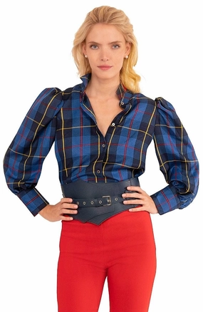Gretchen Scott Juliette Blouse - Plaidly Cooper - Blue Plaid womens blouses promo