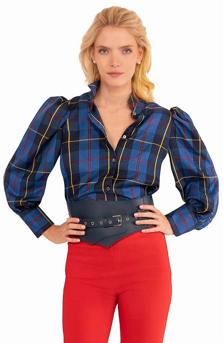 Gretchen Scott Juliette Blouse - Plaidly Cooper - Blue Plaid womens blouses promo