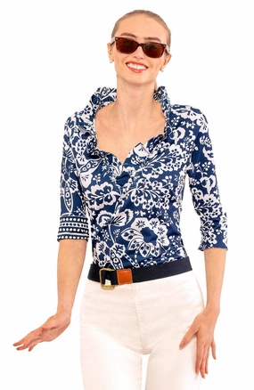 Gretchen Scott Ruff Neck 3/4 Sleeve Jersey Top - Navy Flora womens blouses promo