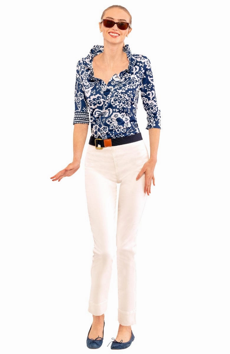 Gretchen Scott Ruff Neck 3/4 Sleeve Jersey Top - Navy Flora