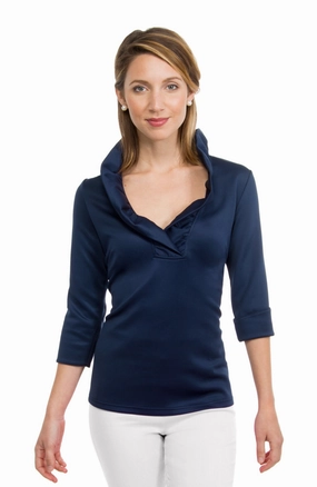 Gretchen Scott Ruff Neck Jersey Top - Solid Navy womens blouses promo