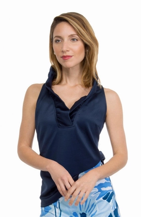 Gretchen Scott Ruff Neck Sleeveless Jersey Top - Solid Navy womens blouses promo