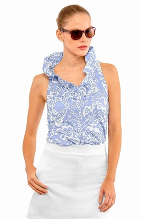 Gretchen Scott Ruff Neck Sleeveless Top - Flora Periwinkle womens blouses promo