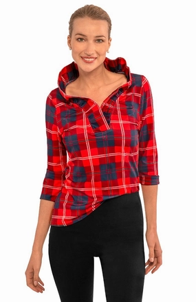 Gretchen Scott Ruff Neck Top - Middleton Plaid - Red womens blouses promo