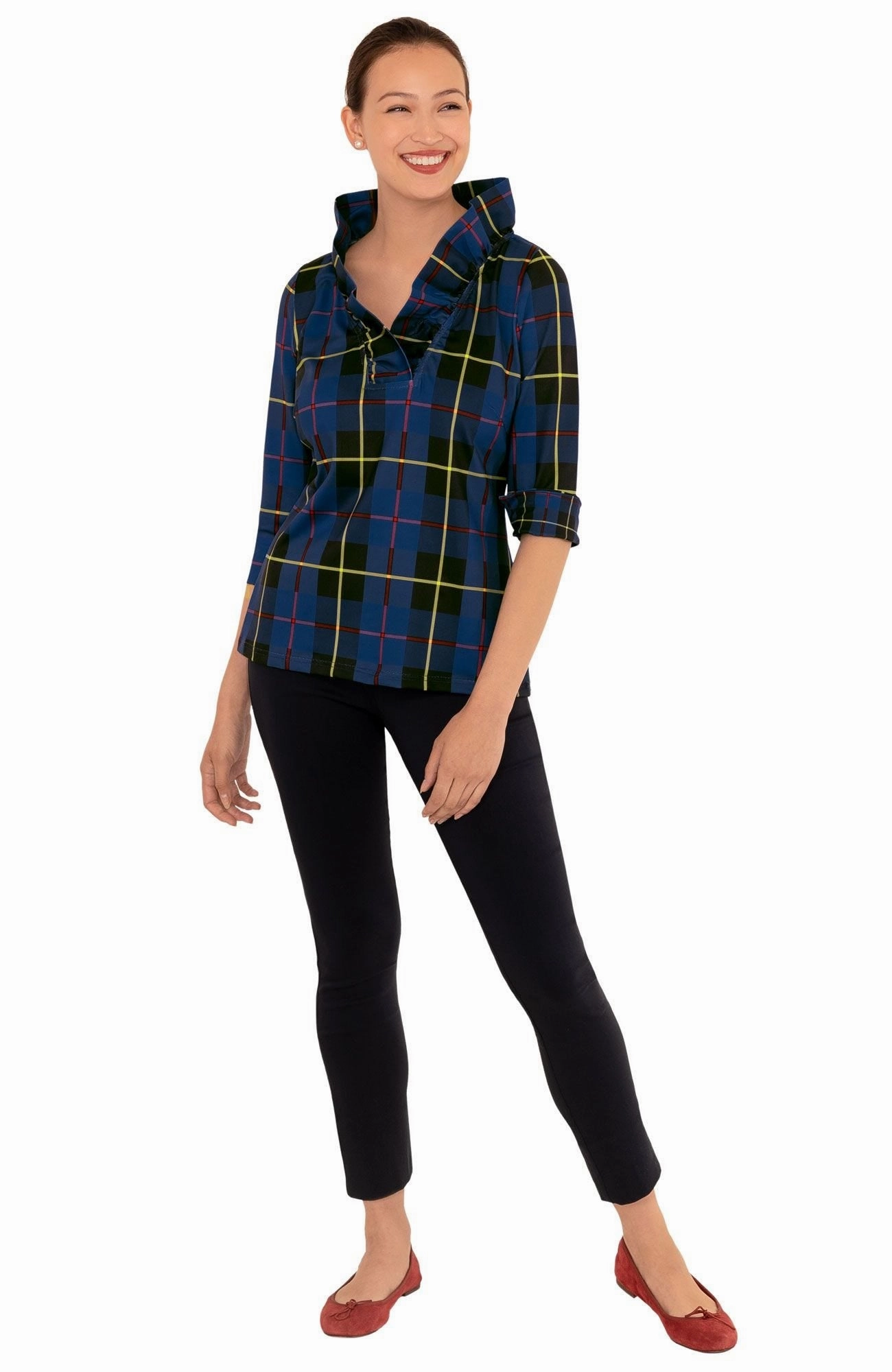 Gretchen Scott Ruff Neck Top - Plaidly Cooper - Blue Plaid