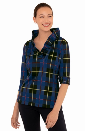 Gretchen Scott Ruff Neck Top - Plaidly Cooper - Blue Plaid womens blouses promo