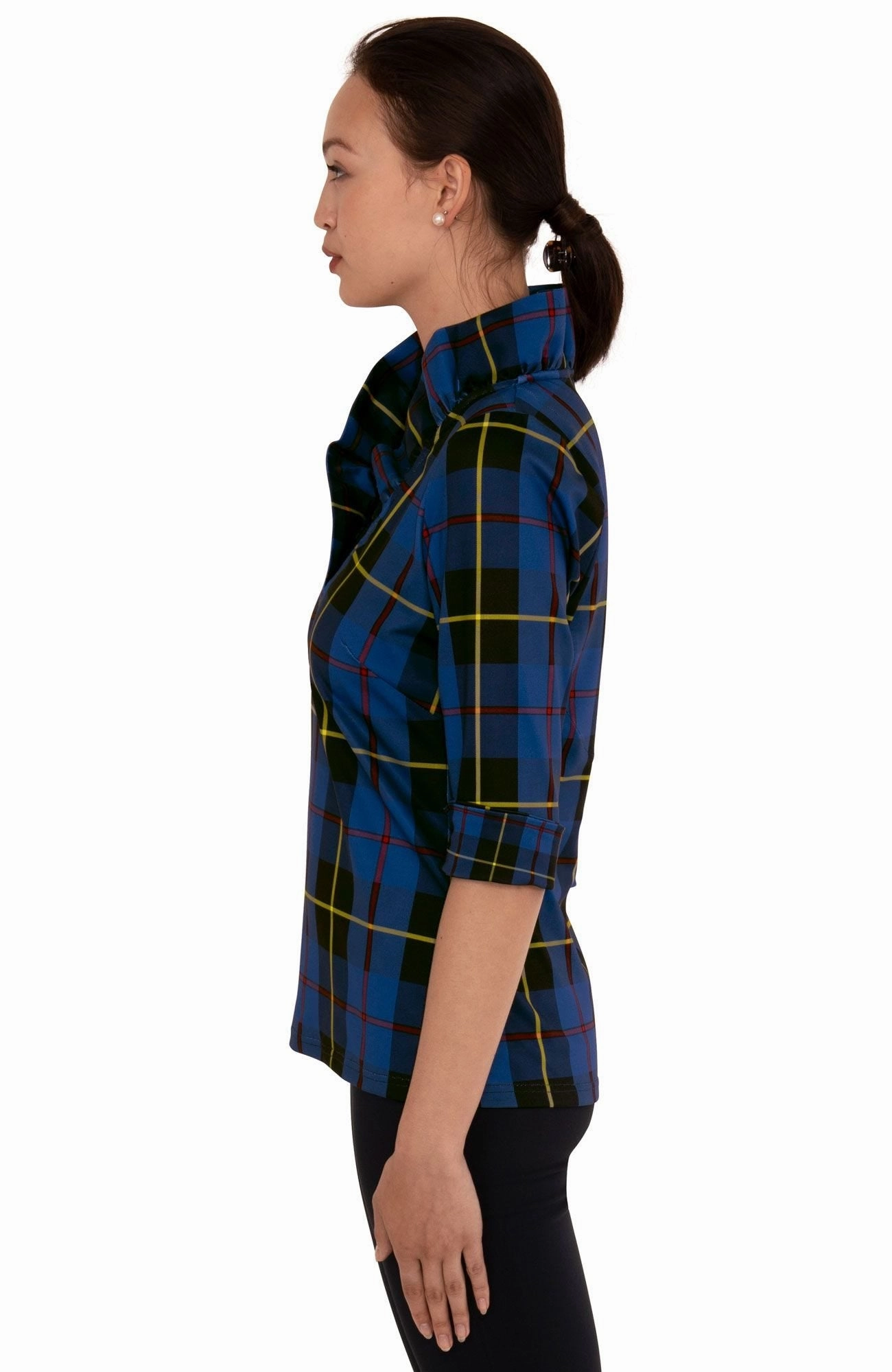 Gretchen Scott Ruff Neck Top - Plaidly Cooper - Blue Plaid