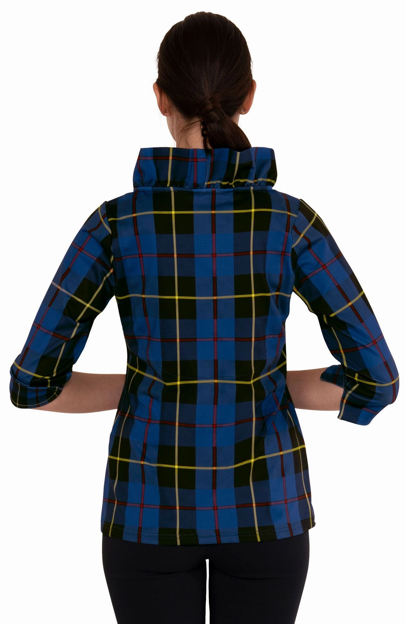 Gretchen Scott Ruff Neck Top - Plaidly Cooper - Blue Plaid