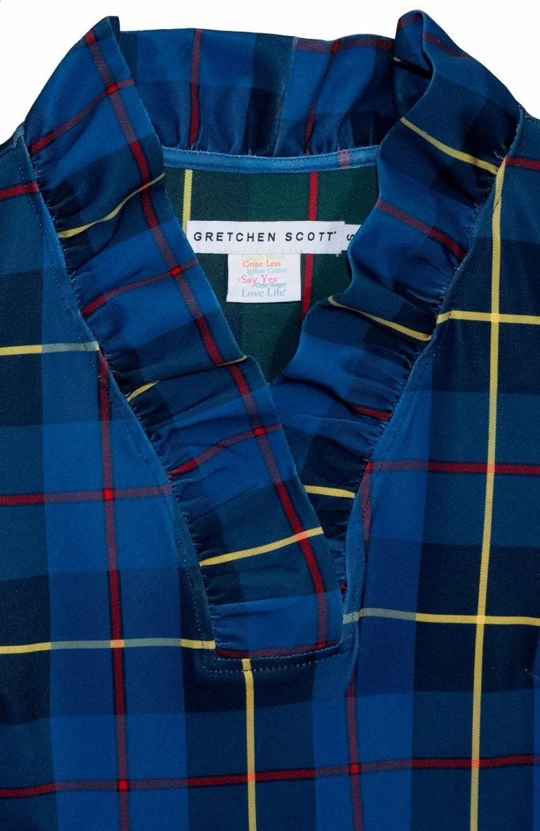 Gretchen Scott Ruff Neck Top - Plaidly Cooper - Blue Plaid