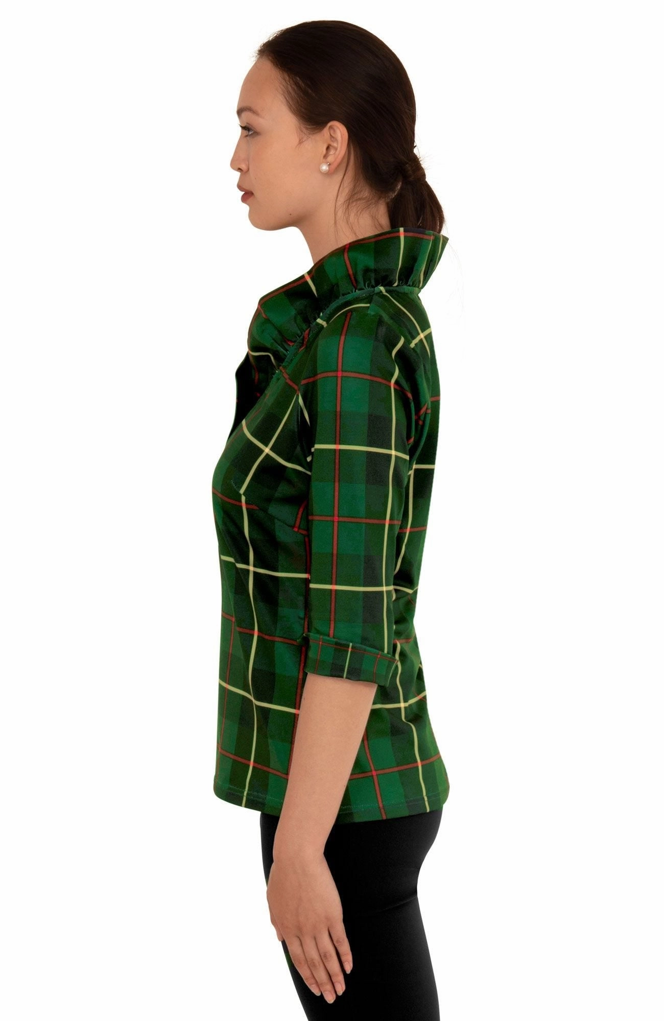 Gretchen Scott Ruff Neck Top - Plaidly Cooper - Green Plaid