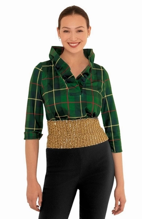 Gretchen Scott Ruff Neck Top - Plaidly Cooper - Green Plaid womens blouses promo