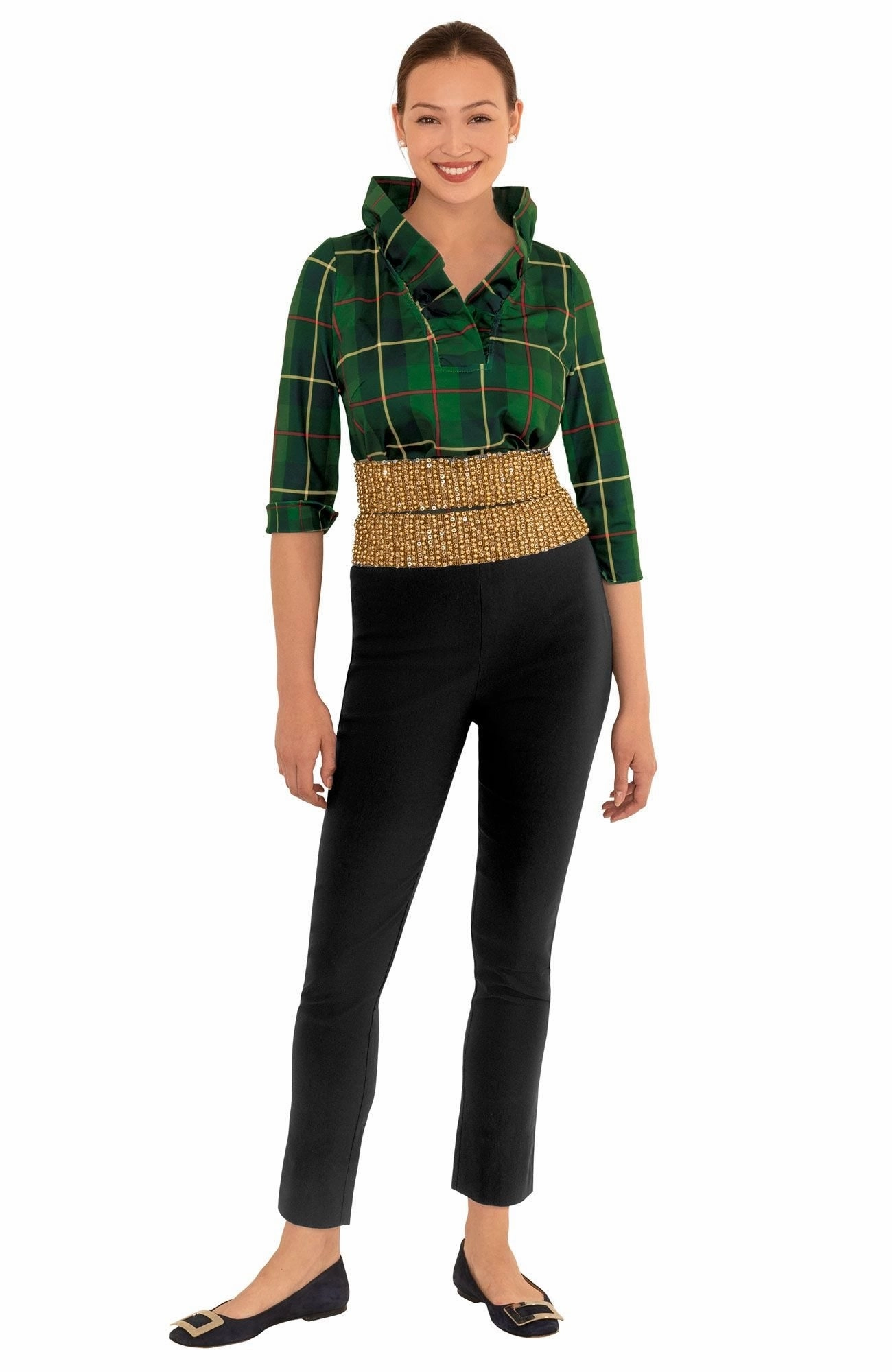Gretchen Scott Ruff Neck Top - Plaidly Cooper - Green Plaid