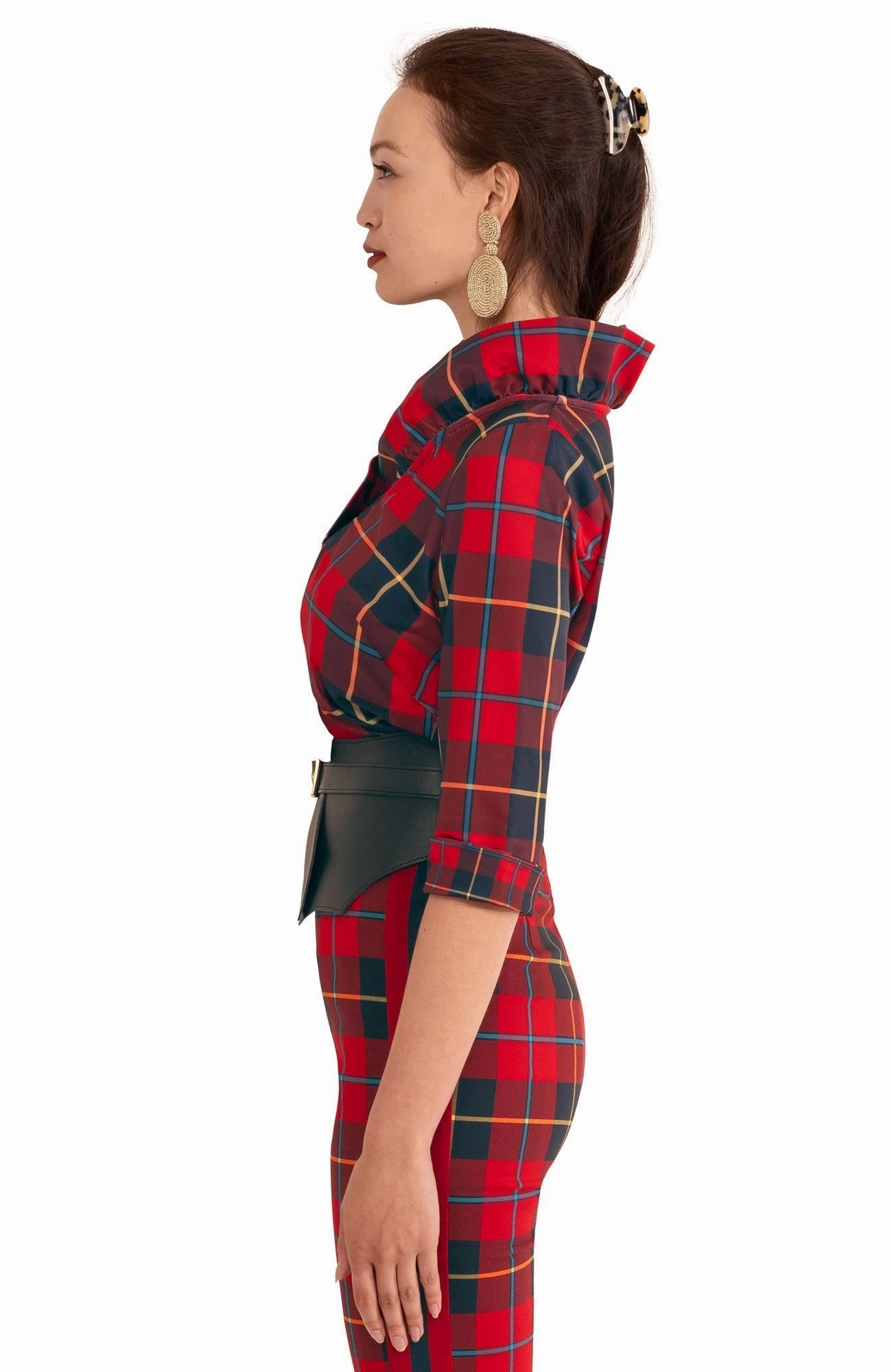 Gretchen Scott Ruff Neck Top - Plaidly Cooper - Red Plaid