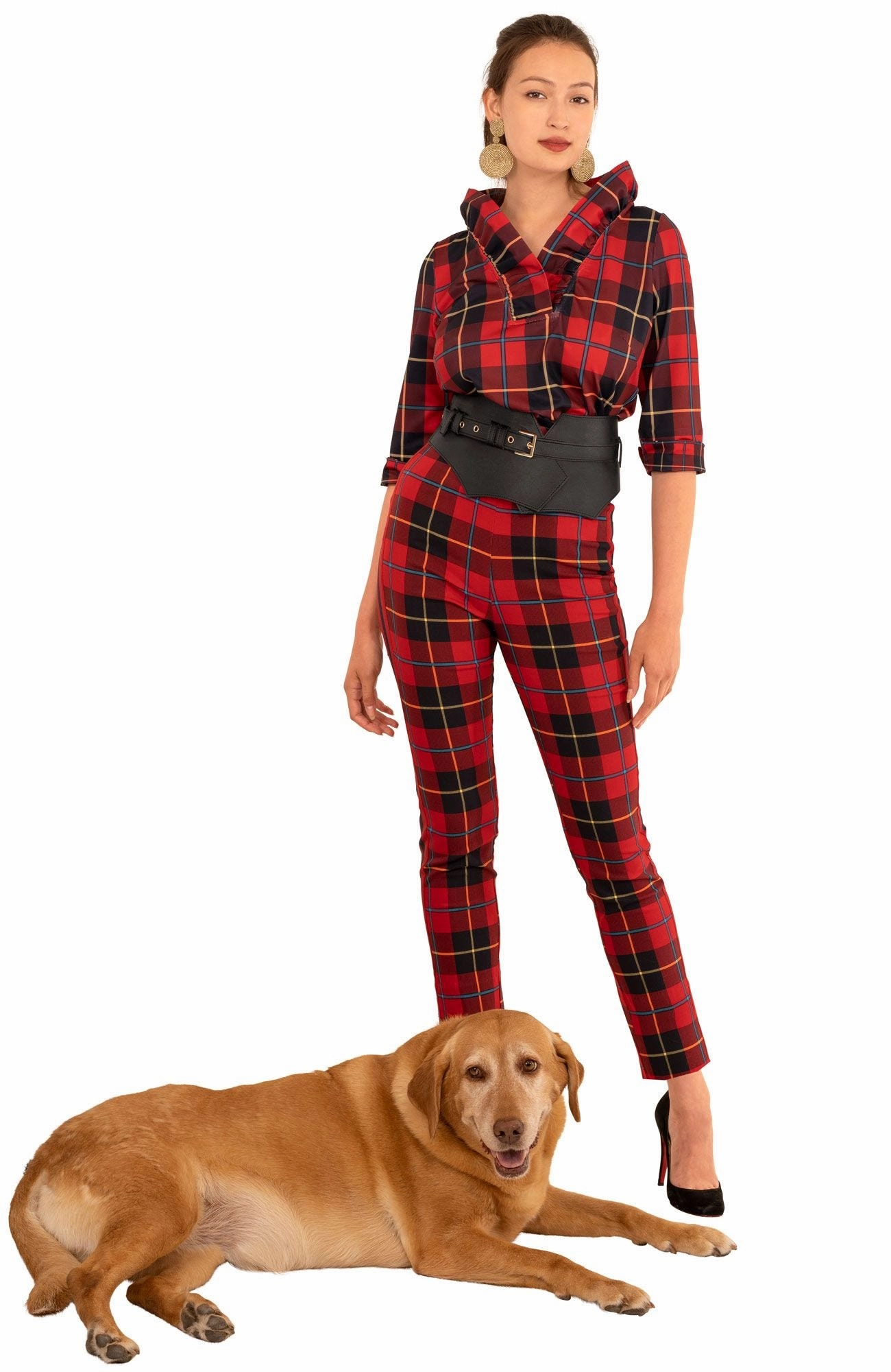 Gretchen Scott Ruff Neck Top - Plaidly Cooper - Red Plaid