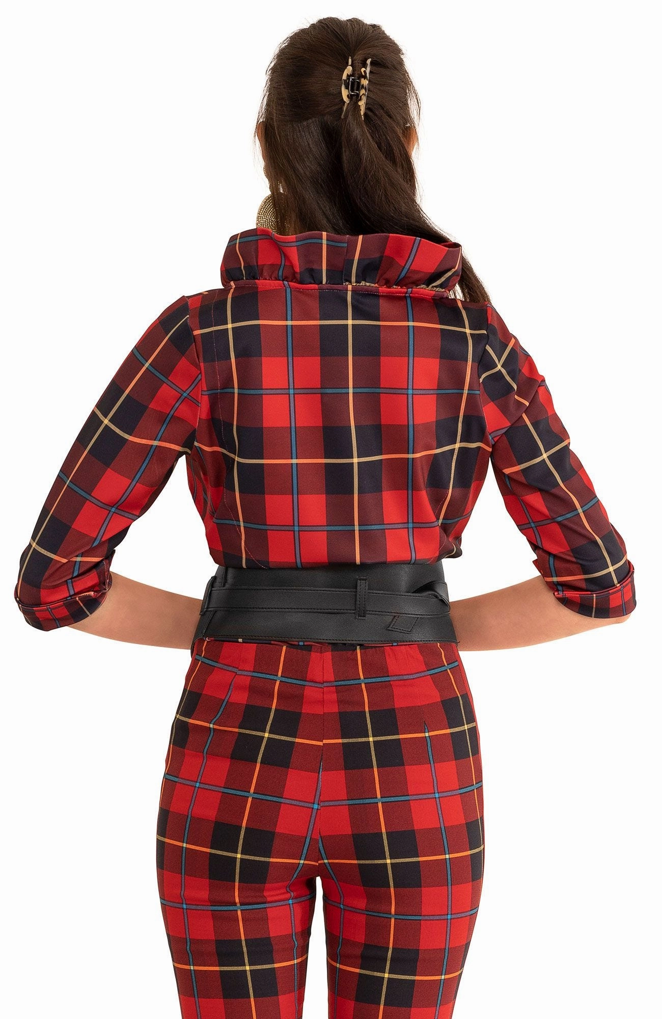 Gretchen Scott Ruff Neck Top - Plaidly Cooper - Red Plaid