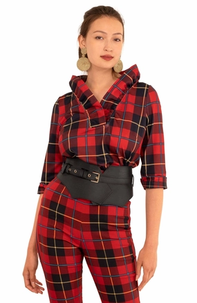 Gretchen Scott Ruff Neck Top - Plaidly Cooper - Red Plaid womens blouses promo