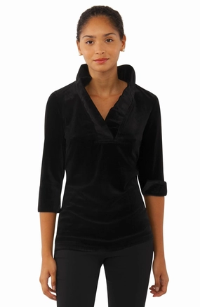 Gretchen Scott Ruff Neck Top - Silky Velvet - Black womens blouses promo