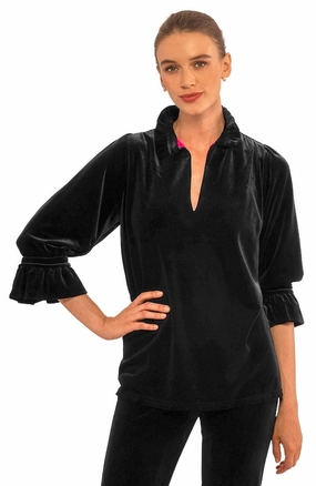 Gretchen Scott Ruffleneck Tunic - Silky Velvet - Black womens blouses promo