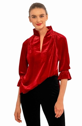 Gretchen Scott Ruffleneck Tunic - Silky Velvet - Red womens blouses promo