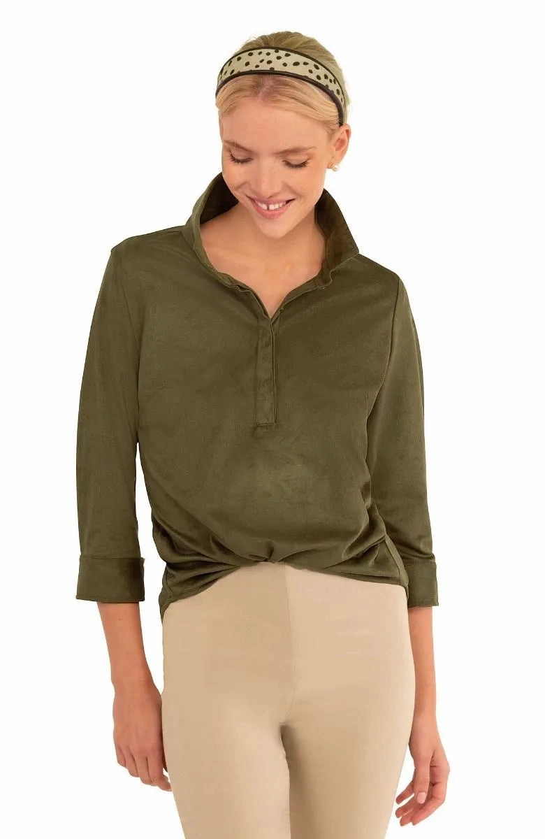 Gretchen Scott Ultra Suede Pop Over Top - Olive womens blouses promo