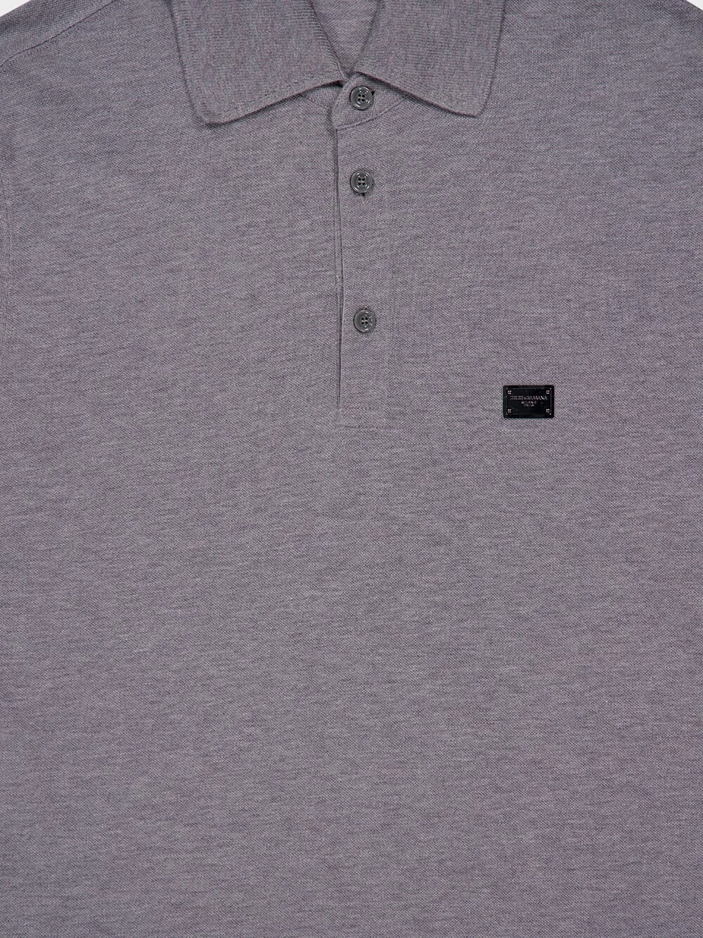 Grey Cotton Piqu Polo-Shirt with Branded Tag