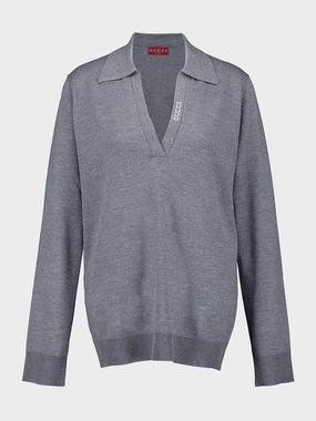 Grey Extra Fine Wool Polo Top Knitwear Womens - women's knitwear cheap