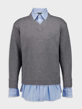 Grey Layered V-Neck Sweater with Poplin Shirt Knitwear Womens - women's knitwear cheap