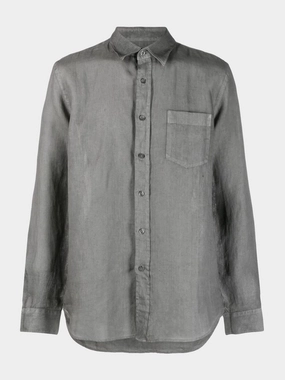 Grey Long-Sleeve Linen Shirt Tops Mens - graphic tees sale