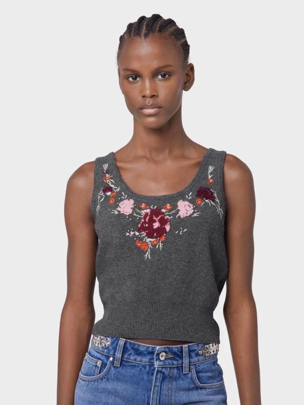 Grey Wool Cashmere Floral Embroidered Cardigan