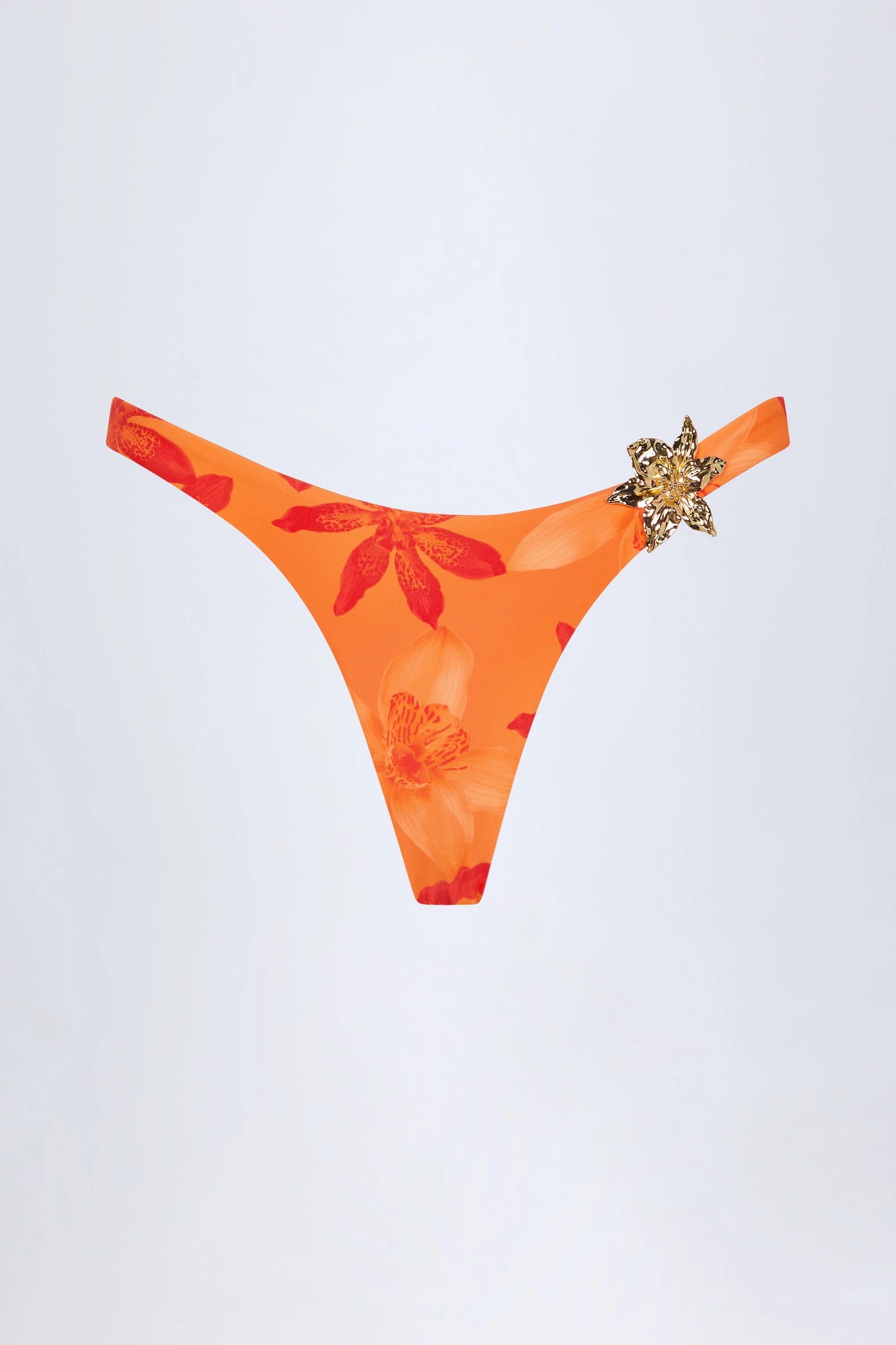 Hardware-Detail Cheeky Bikini Bottoms in Orange Orchid Print