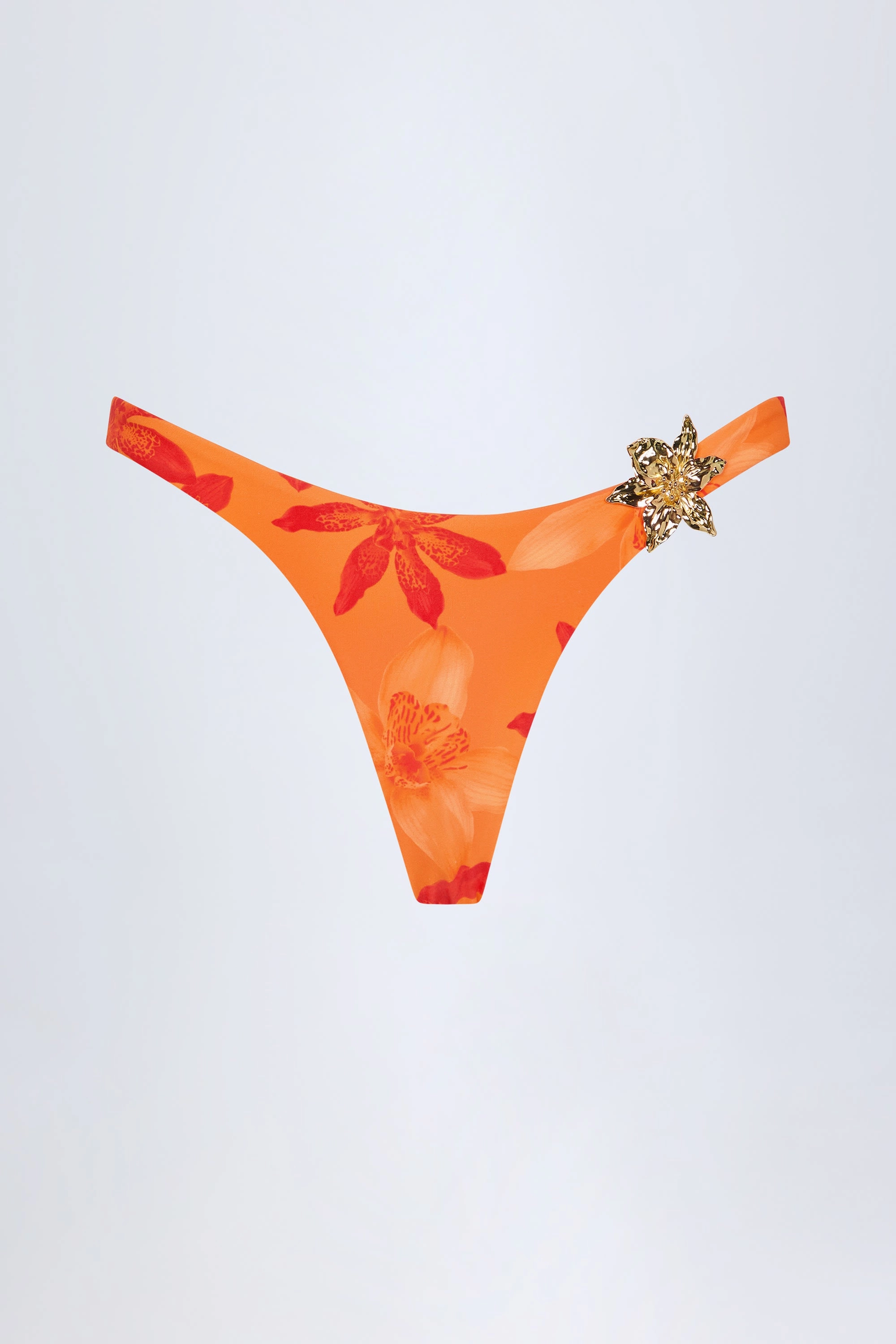 Hardware-Detail Cheeky Bikini Bottoms in Orange Orchid Print