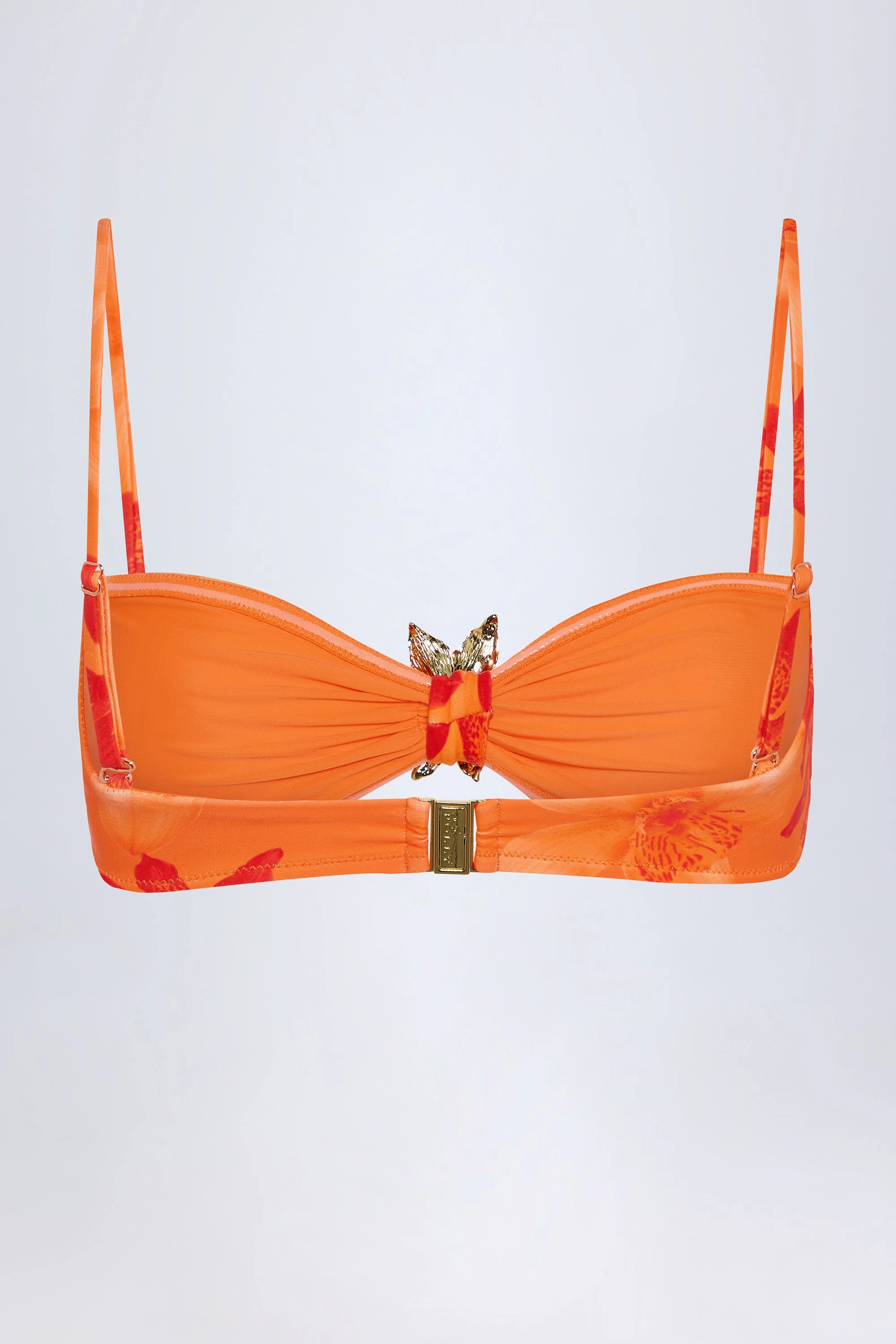Hardware-Detail Halterneck Bikini Top in Orange Orchid Print