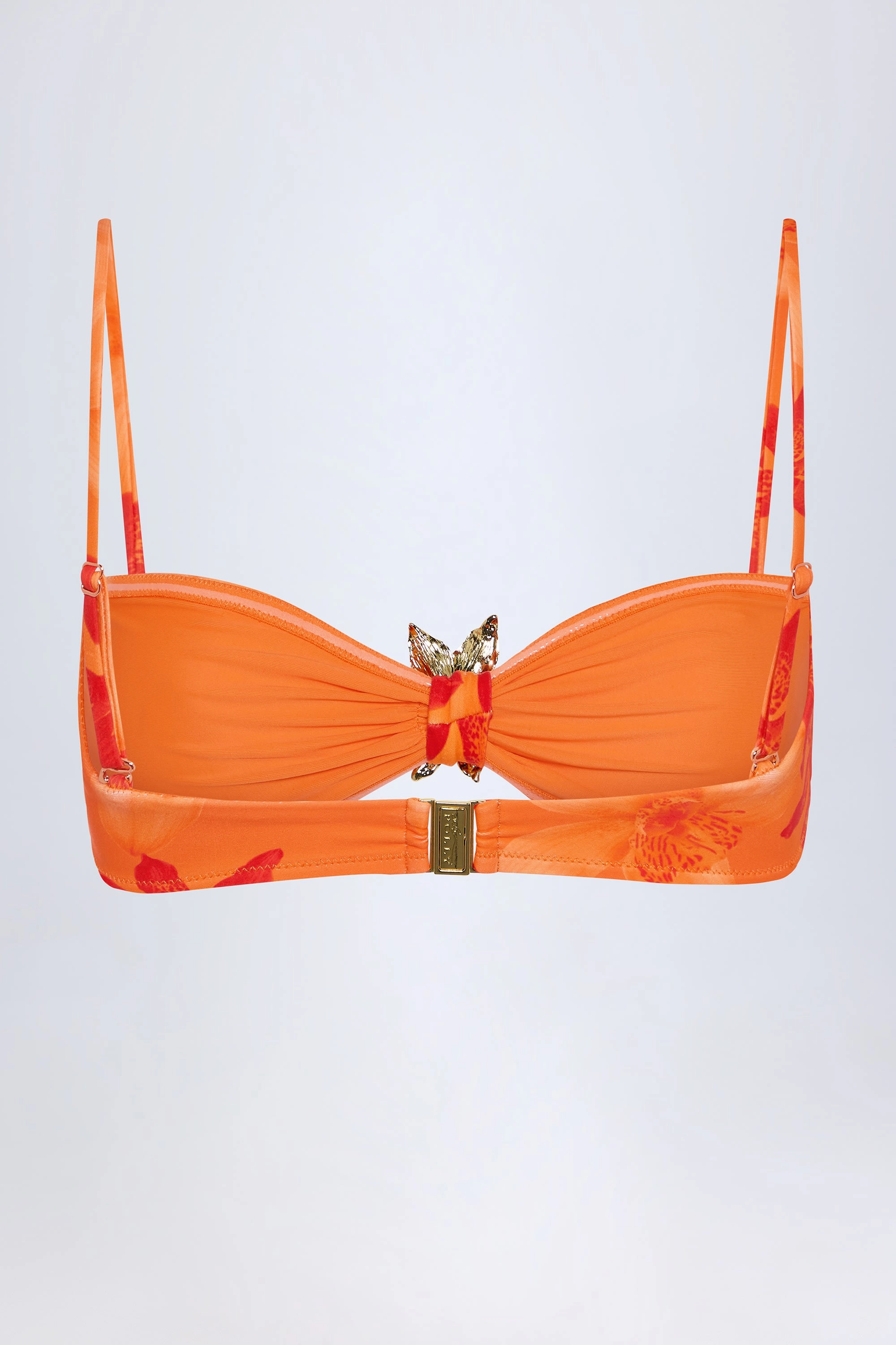 Hardware-Detail Halterneck Bikini Top in Orange Orchid Print