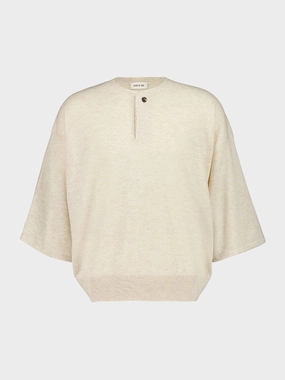 Heather Beige Fine Merino Knit Henley T-Shirt Knitwear Mens - men's sweaters sale