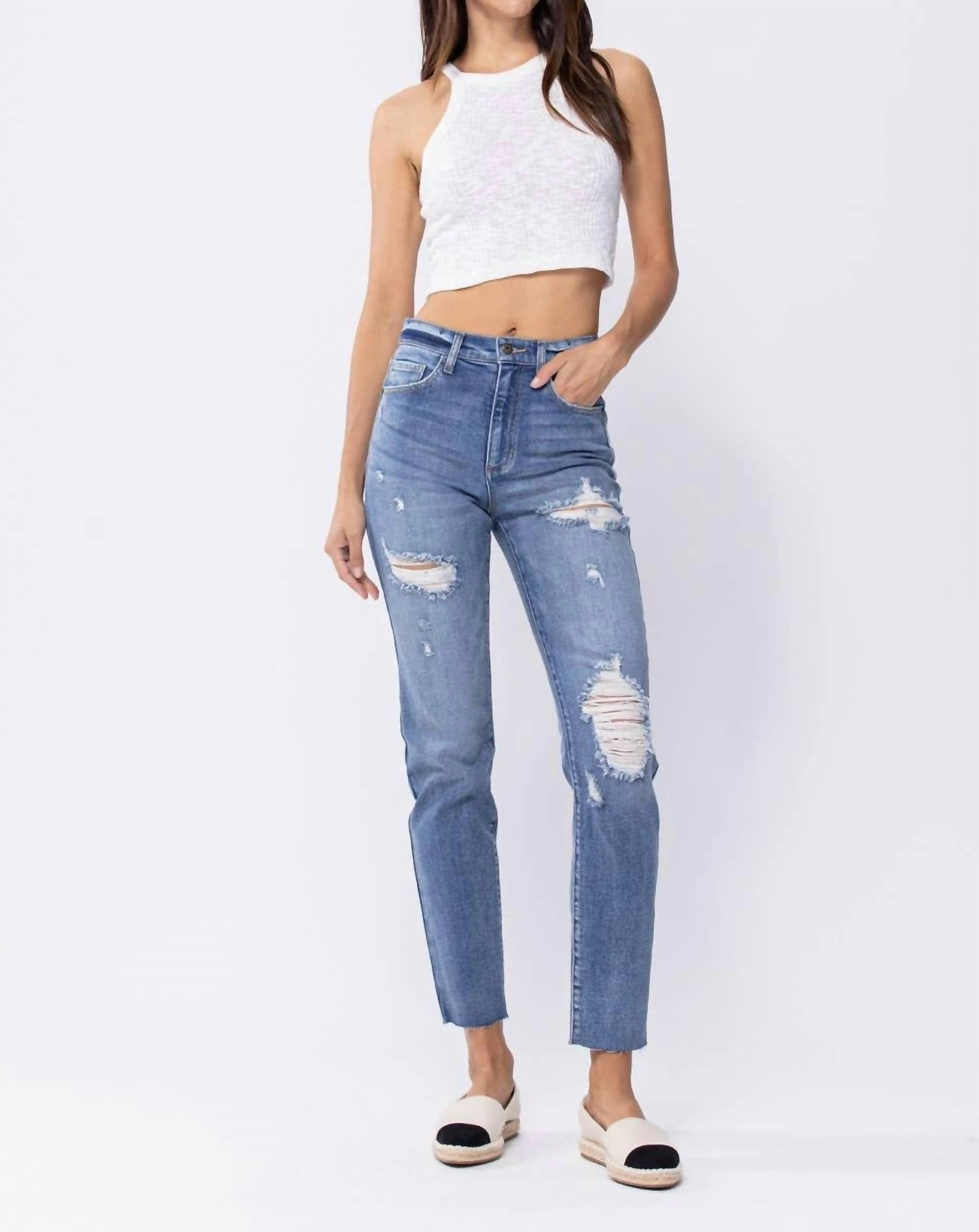 High-Rise 90's Distressed Skinny Jean With Raw Hem In Blue womens sweatpants cheap
