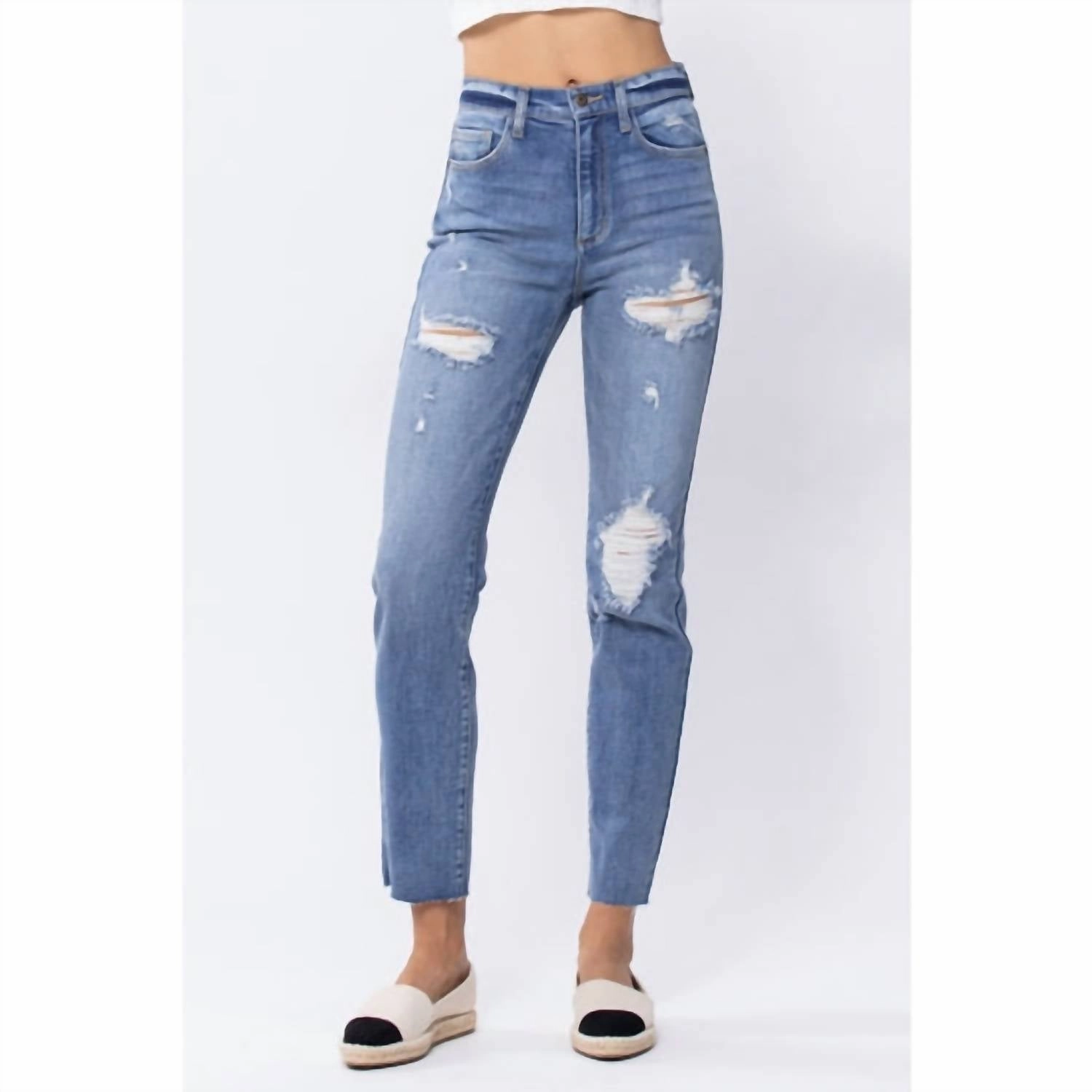 High-Rise 90's Distressed Skinny Jean With Raw Hem In Blue