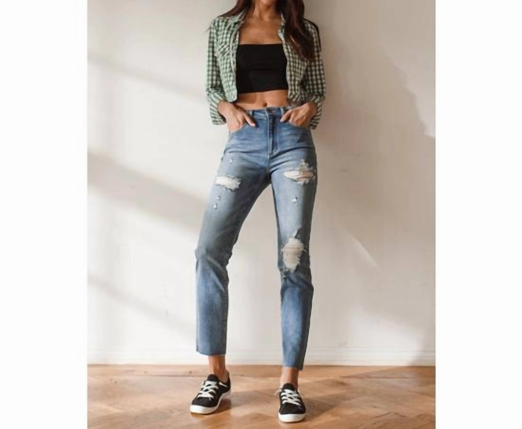 High-Rise 90's Distressed Skinny Jean With Raw Hem In Blue