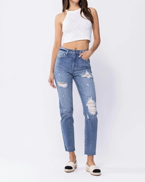 High-Rise 90's Distressed Skinny Jean With Raw Hem In Blue womens sweatpants cheap